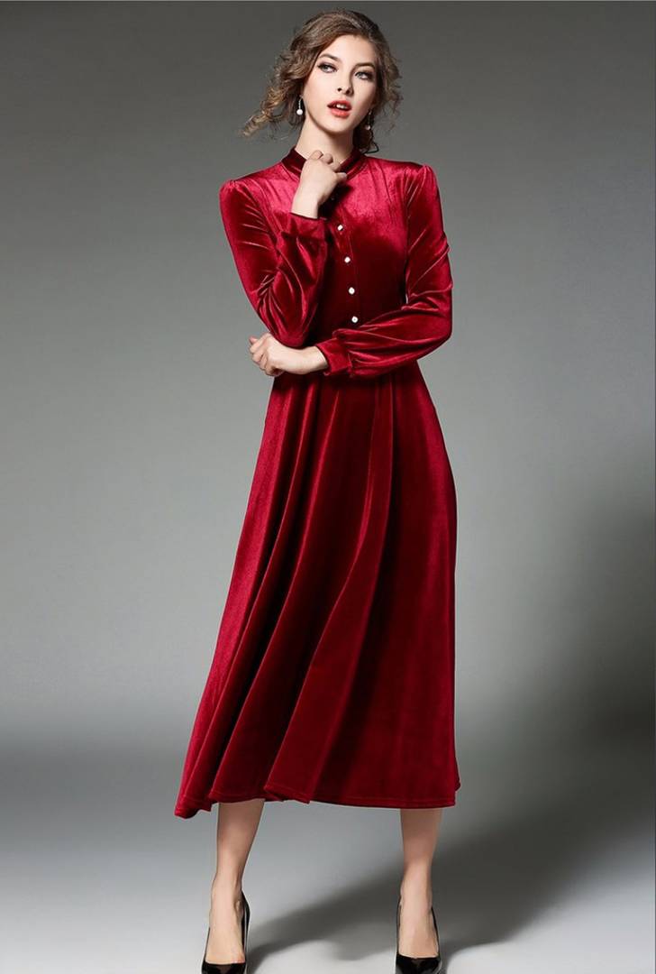 Maroon Buttoned Midi A-Line Velvet Dress – out2fit.com